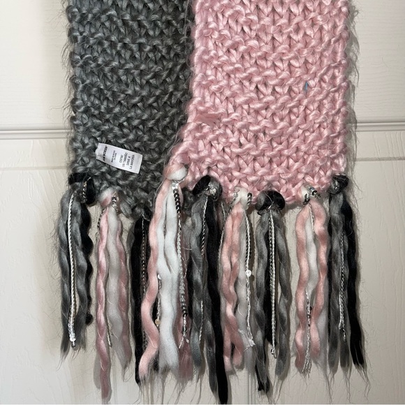 Color Blocked Pink, Black, Gray, & Off White Knit Scarf w/ Fringe & Sequins - Picture 7 of 7